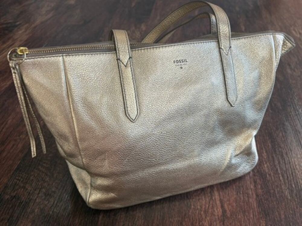 Fossil Gold Metallic Cowhide Leather Handbag Purse & Dust Bag